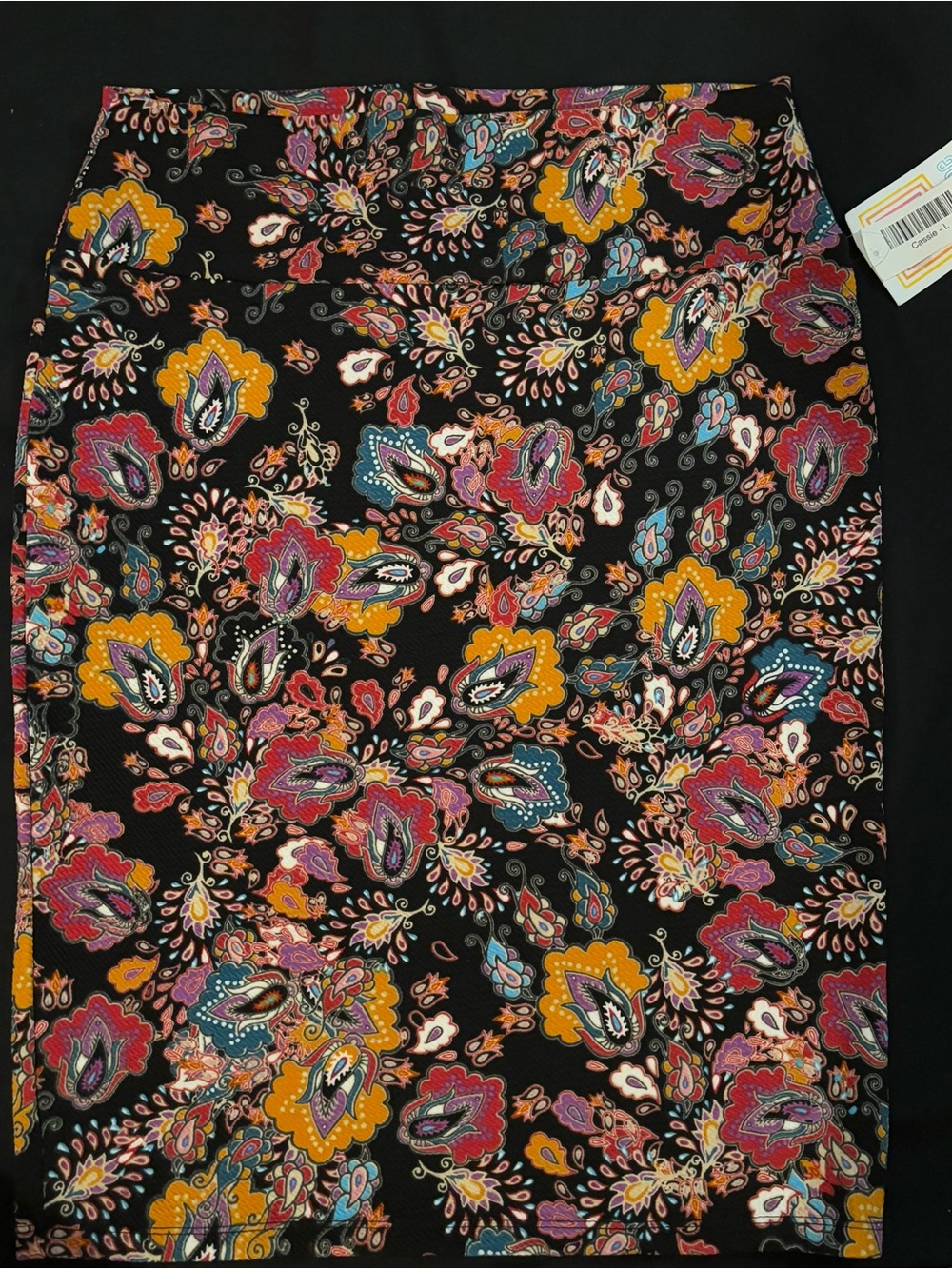 LuLaRoe Black Cassie Skirt with Mustard, Teal & Pink Paisley